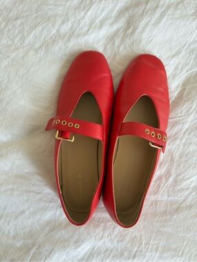 Ann Taylor Leather Red Mary Jane Flats with Gold Buckle